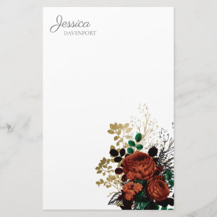 Red Gold Vintage Watercolor Floral Stationery