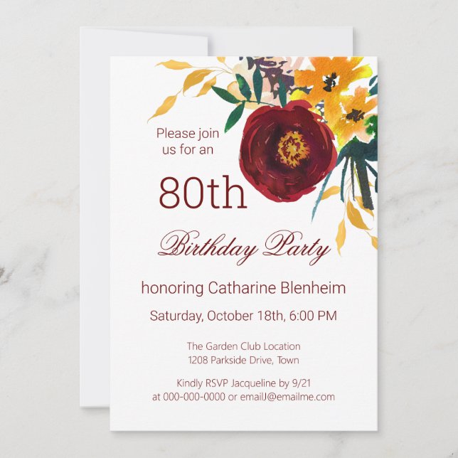 Red + Gold Watercolor Floral 80th Birthday Party  Invitation (Front)