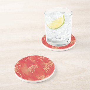 Red Gold Watercolor Floral Coaster