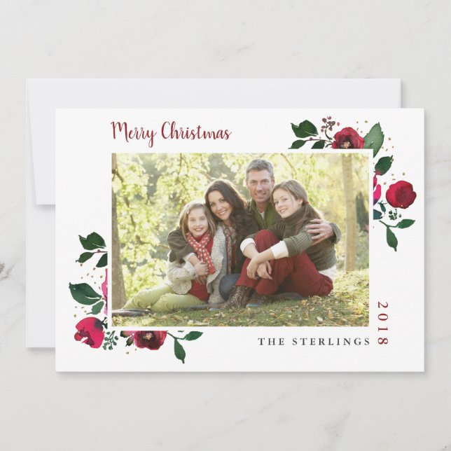 Red Gold Watercolor Floral Holiday Card (Front)