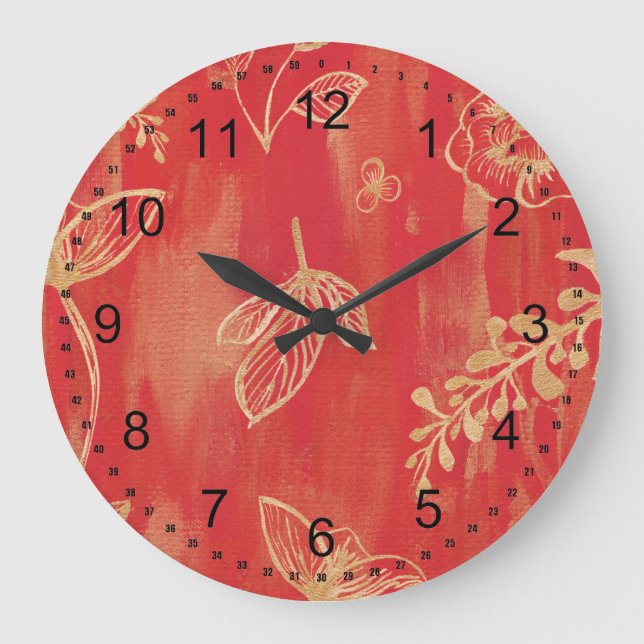 Red Gold Watercolor Floral Large Clock (Front)