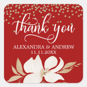 RED Gold Watercolor Floral Wedding Thank You Square Sticker