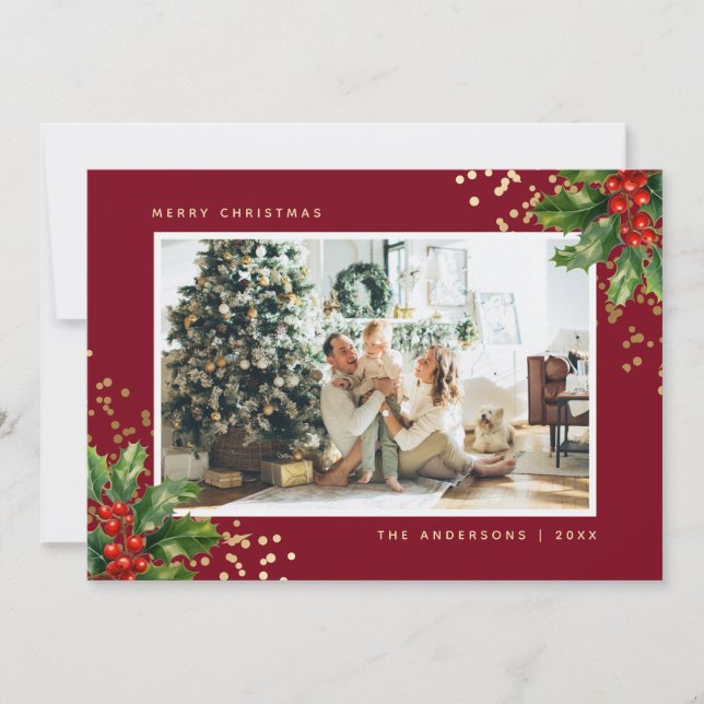 Red Gold Watercolor Holly Photo Christmas Cards (Front)