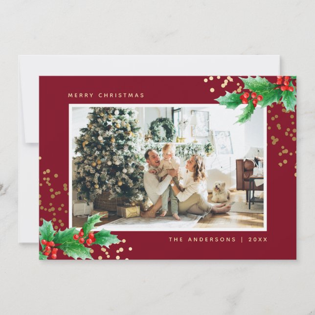 Red Gold Watercolor Holly Photo Christmas Cards (Front)