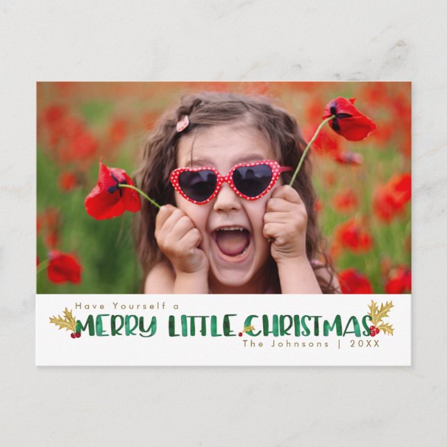 Red & Gold Watercolor Merry Little Christmas Holiday Postcard (Front)
