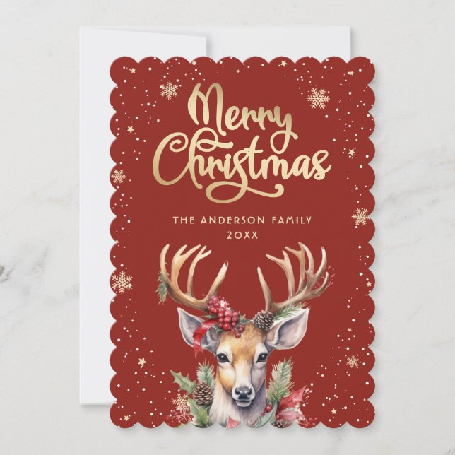 Red Gold Watercolor Reindeer Snow Christmas Card (Front)