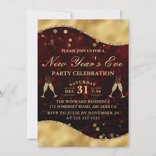 Red & Gold Wave Border New Year's Eve Party Invitation (Front)