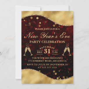Red & Gold Wave Border New Year's Eve Party Invitation