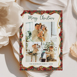 Red Gold Wavy Frame Botanical Christmas 3 Photo Holiday Card