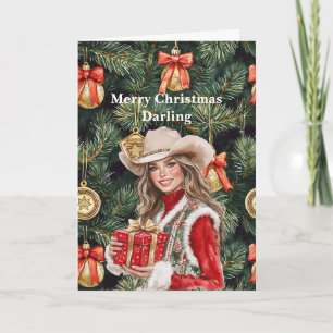 Red Gold Western Cowgirl Christmas  Card