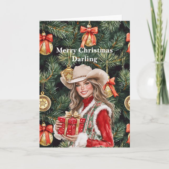 Red Gold Western Cowgirl Christmas  Card (Front)