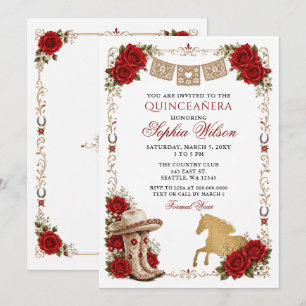 Red Gold Western Horse Floral Charra Quinceañera Invitation