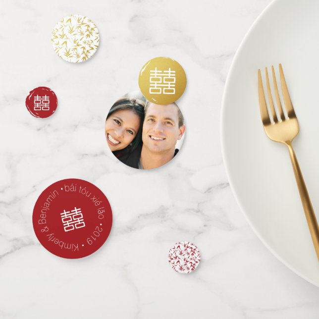 Red Gold & White Bamboo Double Happiness Chinese Confetti (Group)