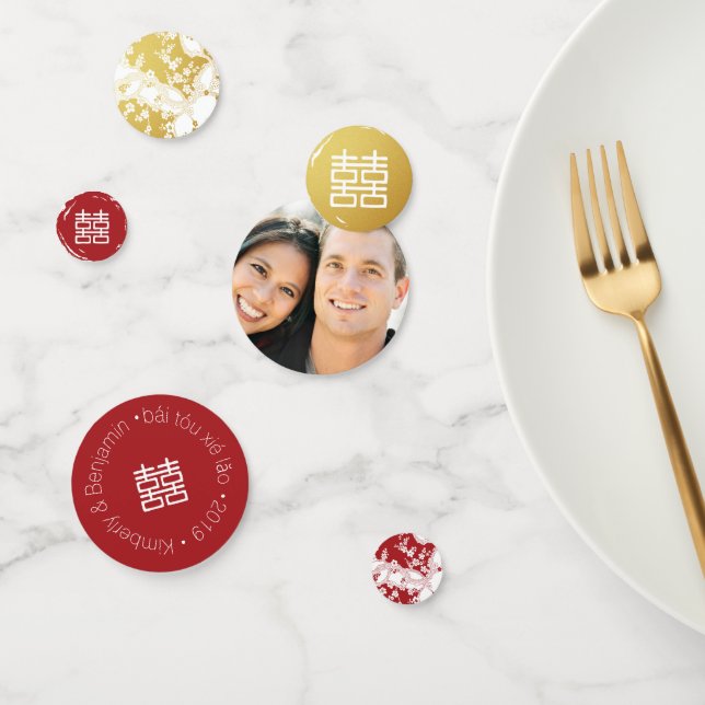 Red Gold & White Blossom Double Happiness Chinese Confetti (Group)