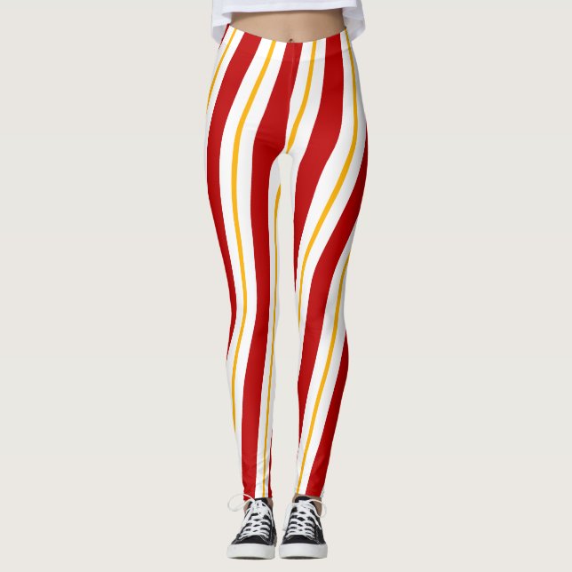 Red Gold & White Candy Cane Stripes Christmas Leggings (Front)