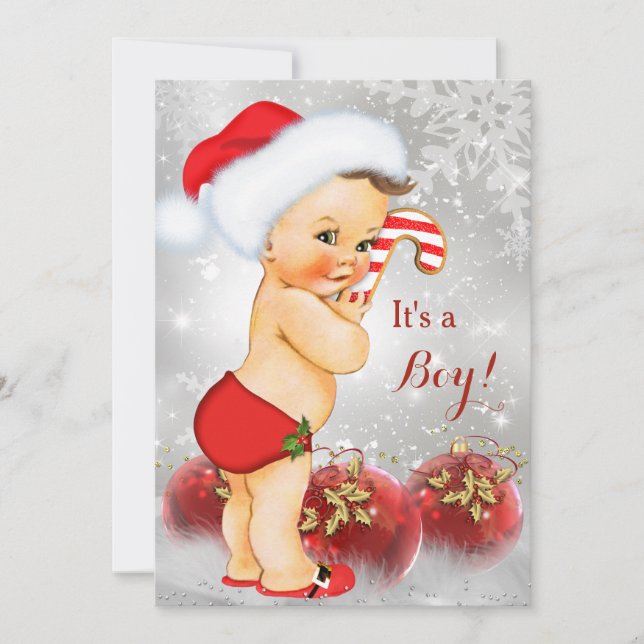 Red Gold White Christmas Baby Shower Boy Brunette Invitation (Front)