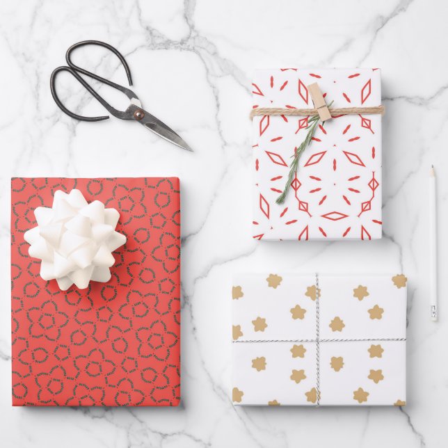  Red, Gold, White Christmas Patterns  Wrapping Pap Paper Sheet (Front)