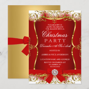 Red Gold White Damask Bow Christmas Party Invite
