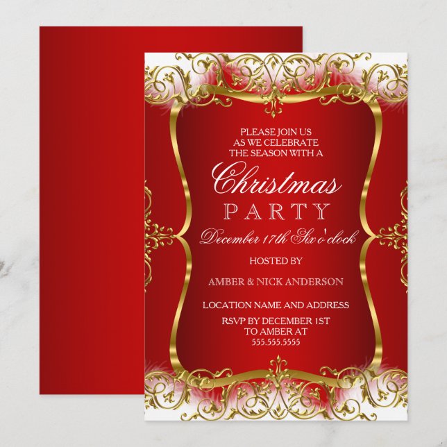 Red Gold White Damask Christmas Party Invite (Front/Back)