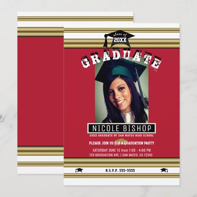 Red Gold White Elegant Photo Graduation Party  Invitation (Front/Back)