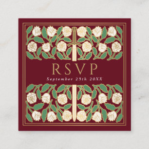 Red Gold White Floral Royal Wedding RSVP QR Code Enclosure Card