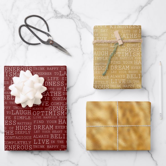 Red Gold White Inspirational Words Wrapping Paper Sheet (Front)