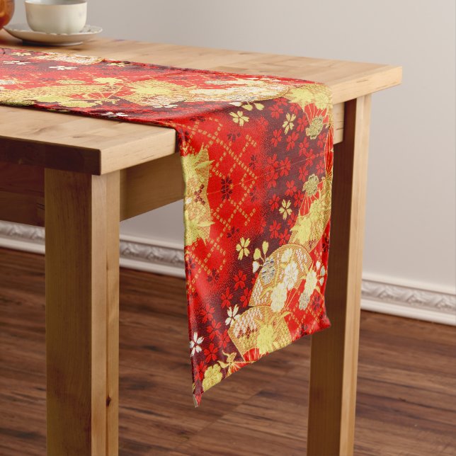 Red Gold White Japanese Floral Cotton Dining  Short Table Runner (In Situ)
