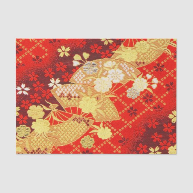 Red Gold White Japanese Kimono Floral Decoupage Tissue Paper (Front)