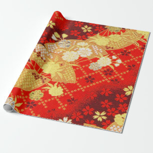 Red Gold White Japanese Kimono Floral Decoupage  Wrapping Paper
