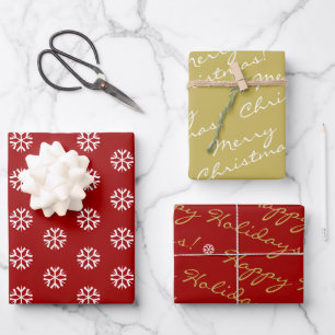 Red Gold White Merry Christmas Holidays Snowflakes Wrapping Paper Sheet