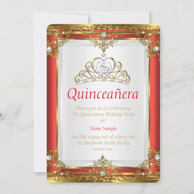 Red Gold White Pearl Princess Quinceanera Invitation (Front)