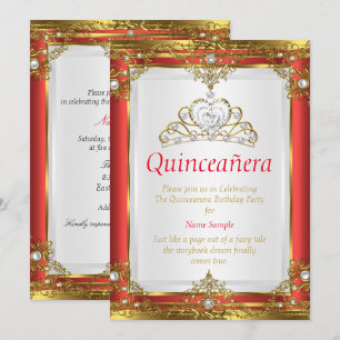 Red Gold White Pearl Princess Quinceanera Invitation