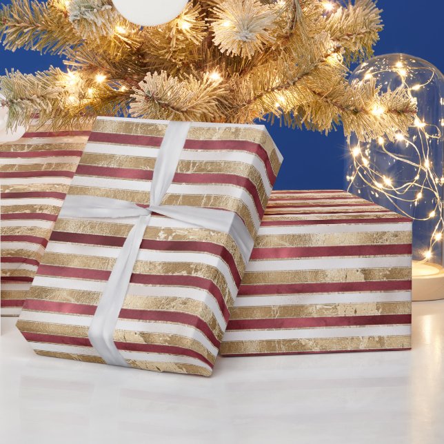 Red Gold White Stripes Wrapping Paper (Holidays)
