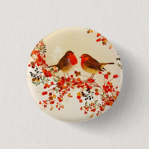 Red Gold Winter Birds Holly Berry Branches 3 Cm Round Badge