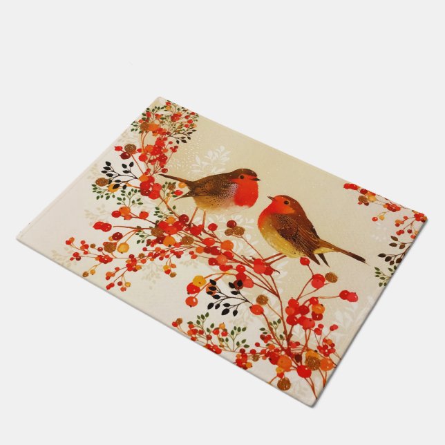 Red Gold Winter Birds Holly Berry Branches Doormat (Angled)