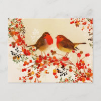 Red Gold Winter Birds Holly Berry Branches