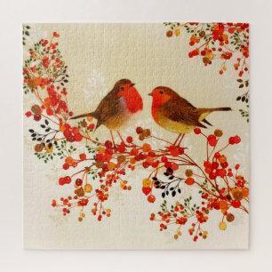 Red Gold Winter Birds Holly Berry Branches Jigsaw Puzzle