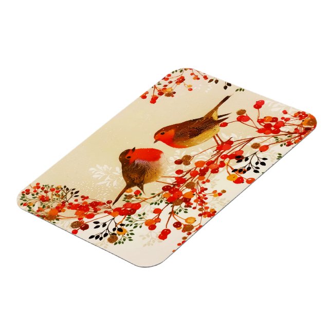 Red Gold Winter Birds Holly Berry Branches Magnet (Left Side)