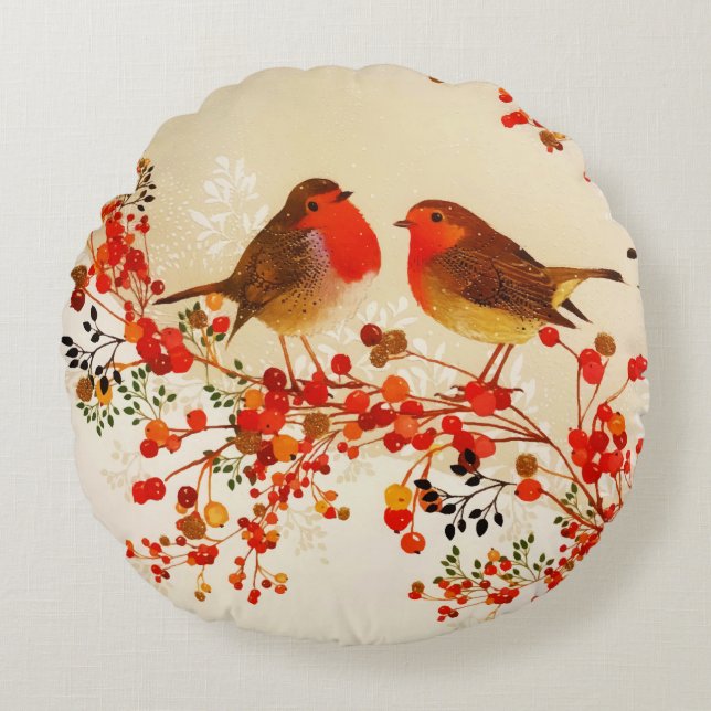 Red Gold Winter Birds Holly Berry Branches Round Cushion (Front)