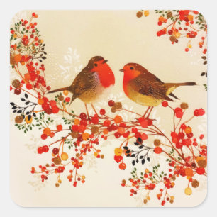 Red Gold Winter Birds Holly Berry Branches Square Sticker