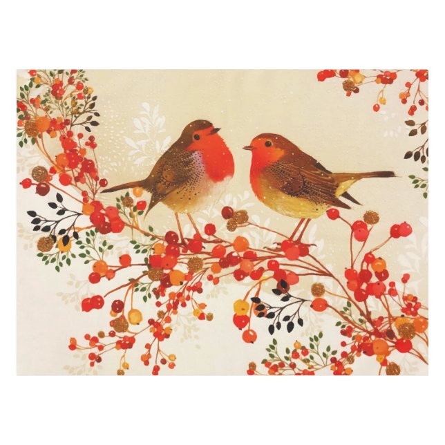 Red Gold Winter Birds Holly Berry Branches Tablecloth (Front (Horizontal))
