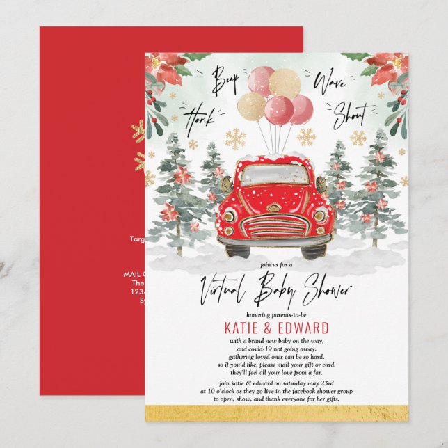 Red Gold Winter Holiday Virtual Baby Shower Invitation (Front/Back)