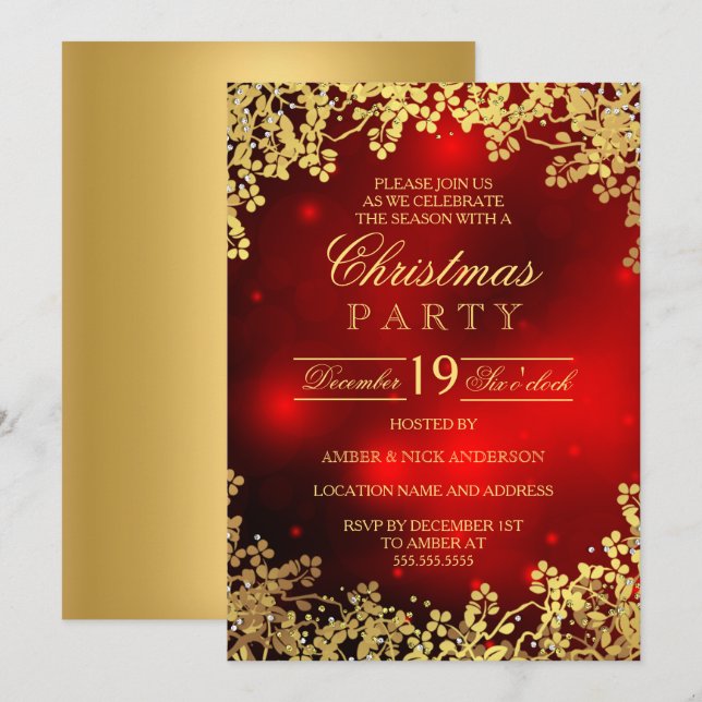 Red Gold Wreath Christmas Party Invitation (Front/Back)