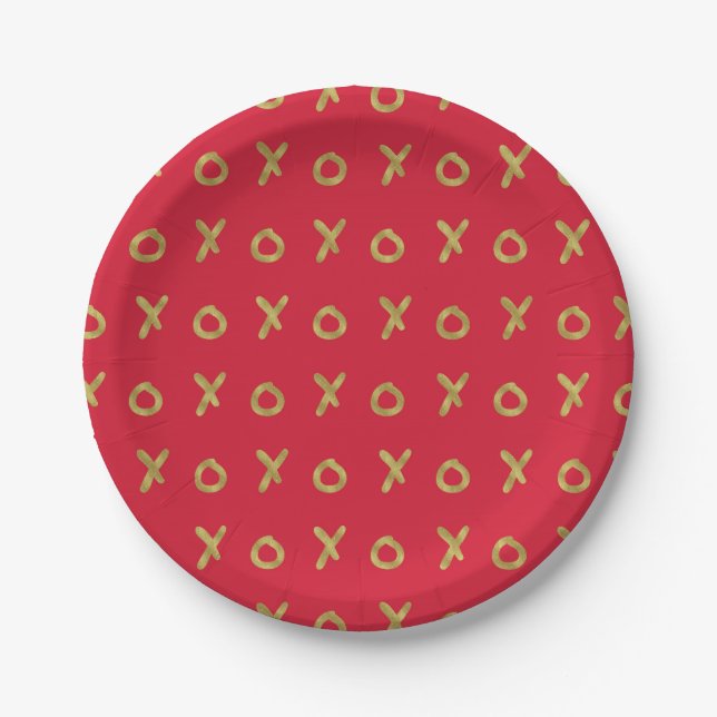 Red & Gold X O XO XO's Trendy Cute Paper Plate (Front)