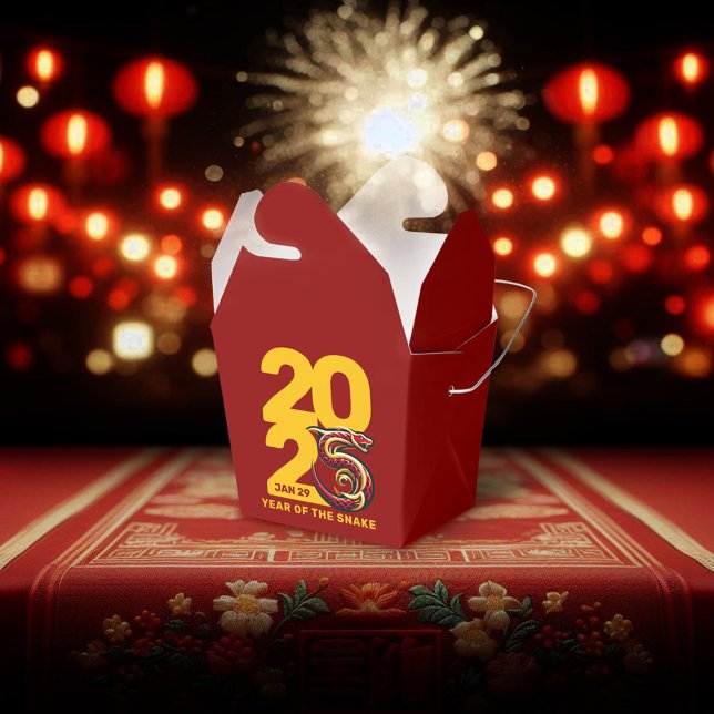 Red Gold Year of the Snake 2025 Favour Box (CNY 2025 Takeout Style Favor Box Fireworks Lanterns Cover Photo)