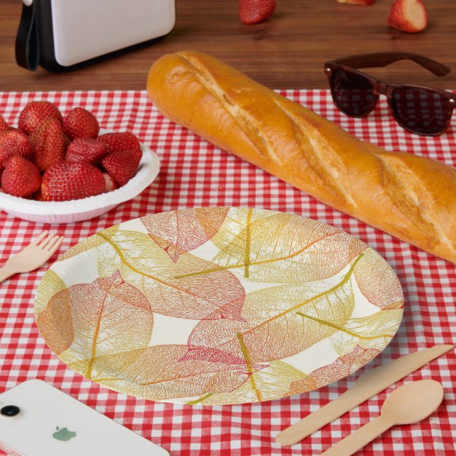 Red Gold Yellow Leaves Autumn Season Pattern Paper Plate (Picnic)