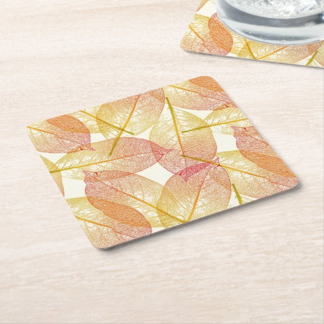 Red Gold Yellow Leaves Autumn Season Pattern Square Paper Coaster (Angled)
