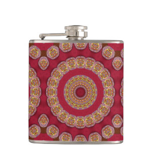 Red Gold Yellow rosettes Mandala Hip Flask