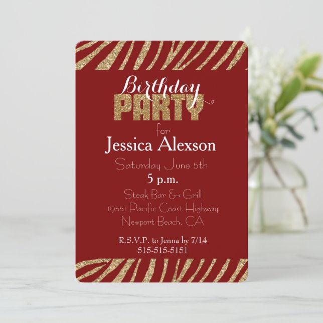 Red Gold Zebra Print Faux Glitter Birthday Invitation (Standing Front)