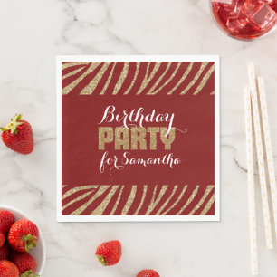 Red Gold Zebra Print Faux Glitter Birthday Napkin